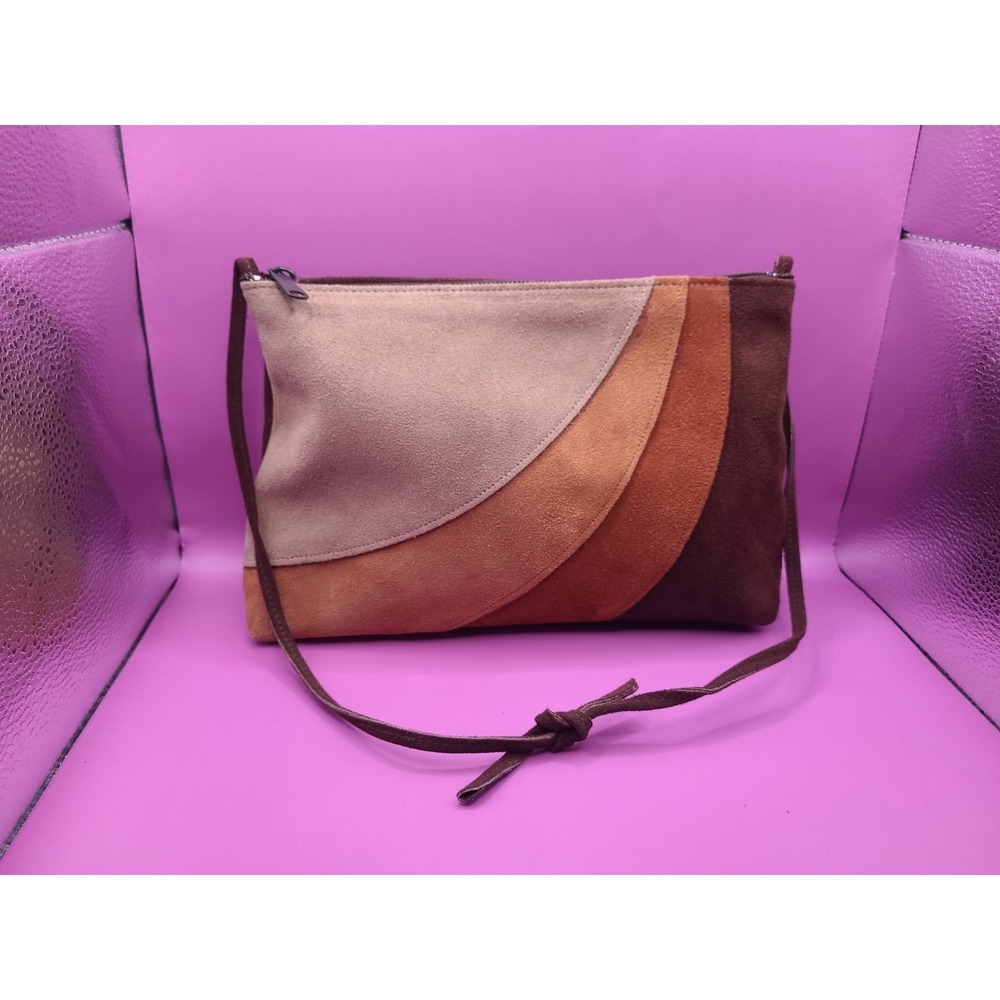 MOD SQUAD‎ Vintage 70s Patchwork Suede Leather Shoulder Purse Hand Bag Brown Tan